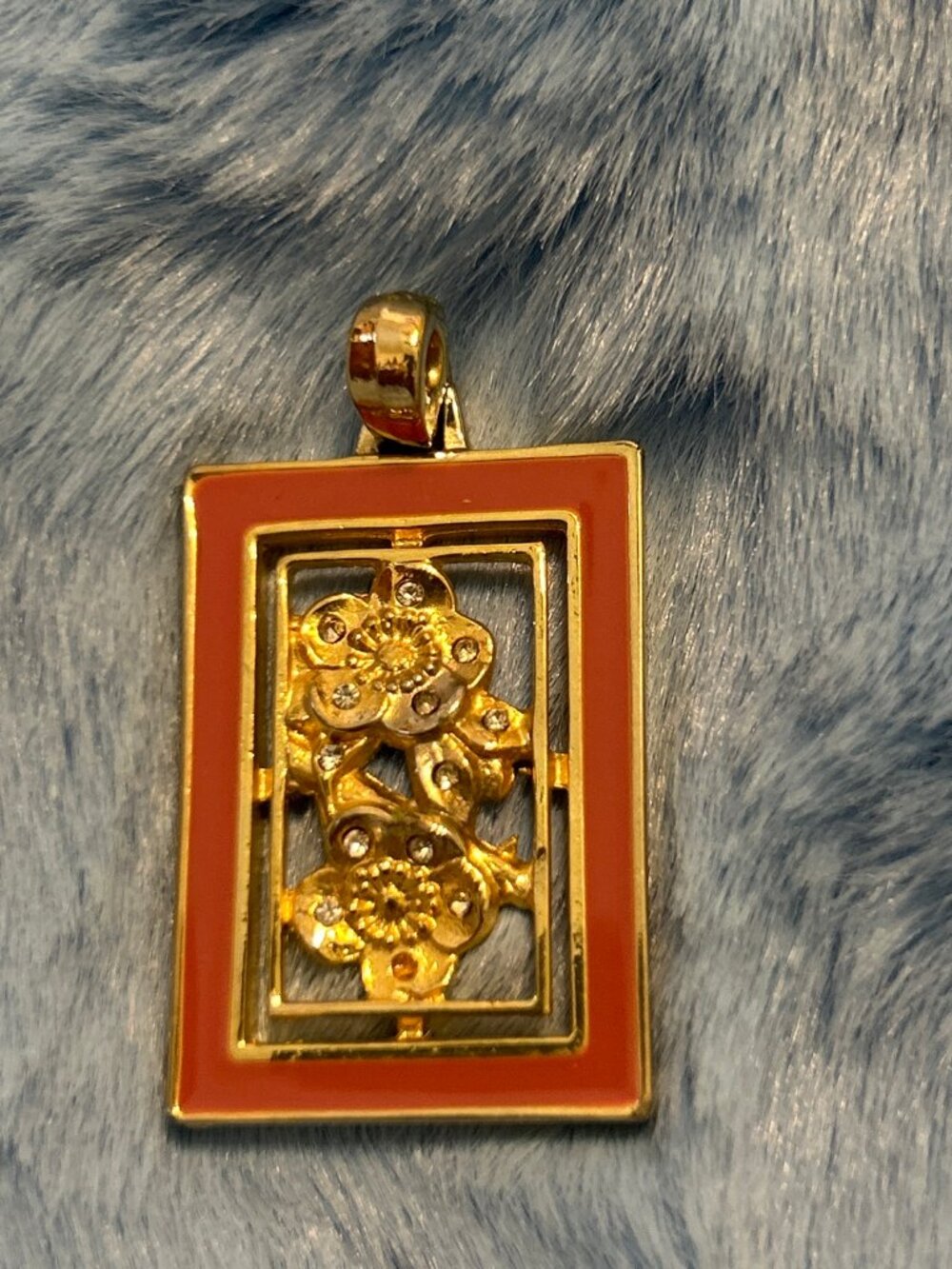 Vintage Gold Tone Rectangular Pendant Coral Enamel Flower Rhinestones